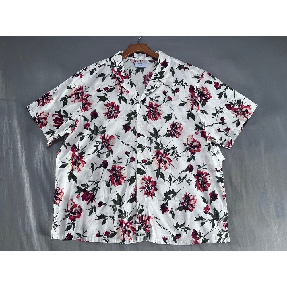 NWT Old Navy Mens XXL Floral Hawaiian Short Sleeve Button Down Shirt White Red